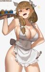  1girl :d apron breasts brown_eyes brown_hair chocojax cleavage commentary_request covered_navel cowboy_shot cupcake fire_emblem fire_emblem_engage food goldmary_(fire_emblem) grey_background groin hair_ribbon highres holding holding_tray large_breasts long_hair looking_at_viewer naked_apron open_mouth ribbon simple_background smile solo standing thighs tray white_apron white_ribbon 