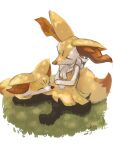  1girl ^_^ animal_ear_fluff animal_ears animal_feet animal_hands animal_nose artist_name black_fur blush body_fur braixen closed_eyes dappled_sunlight day fennekin flat_chest fox_ears fox_girl fox_tail full_body furry furry_female grass hands_on_own_stomach highres ikei light_blush multicolored_fur neck_fur on_ground outdoors own_hands_together pokemon pokemon_(creature) signature simple_background sitting sleeping snout stick sunlight tail u_u white_background white_fur yellow_fur 