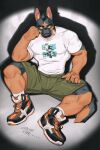  2:3 5_fingers anthro biped bottomwear canid canine canis canyne_khai claws clothed clothing domestic_dog fingers footwear hi_res inner_ear_fluff male mammal muscular muscular_anthro muscular_male shirt shoes shorts socks solo tail topwear tuft 
