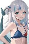  1girl absurdres bare_arms bare_shoulders bikini blue_bikini blue_eyes blue_hair blurry blurry_background blush breasts collarbone commentary depth_of_field fins fish_tail frilled_bikini frills gawr_gura gills grey_hair grin hair_intakes hair_ornament highres hololive hololive_english long_hair looking_at_viewer minijaham multicolored_hair shark_girl shark_hair_ornament shark_print shark_tail sharp_teeth signature small_breasts smile solo streaked_hair swimsuit tail teeth two_side_up upper_body virtual_youtuber white_background 
