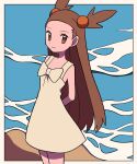  1girl arms_behind_back border bow brown_eyes brown_hair closed_mouth commentary_request day dress eyelashes hair_bobbles hair_ornament highres jasmine_(pokemon) long_hair outdoors pokemon pokemon_(game) pokemon_gsc sleeveless sleeveless_dress solo standing two_side_up tyako_089 water white_border white_bow white_dress 