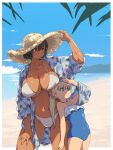  2girls beach bikini blue_eyes blue_one-piece_swimsuit blue_shirt blue_sky breasts brown_hair cloud collarbone commentary covered_navel dark-skinned_female dark_skin day hat height_difference highres kei_(m_k) large_breasts m_k multiple_girls ocean one-piece_swimsuit open_clothes open_shirt original outdoors red_eyes rika_(m_k) shirt short_hair sky small_breasts straw_hat swimsuit symbol-only_commentary tomboy white_bikini yellow_headwear 