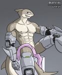  abs alkan anthro big_pecs cybernetics cyborg fish grey_body hi_res machine male marine multicolored_body muscular muscular_anthro muscular_male navel nipples norman(character) nude nude_anthro nude_male pecs red_eyes shark solo towel towel_only two_tone_body 