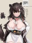 1girl animal_ears arknights between_breasts blood breast_expansion breasts brown_eyes brown_hair choker cleavage doctor_(arknights) dress edobox fur-trimmed_jacket fur_trim gameplay_mechanics gloves jacket jewelry large_breasts long_hair long_sleeves lunacub_(arknights) necklace open_clothes open_jacket smile sweat tail torn_clothes torn_dress wolf_ears wolf_girl wolf_tail yellow_eyes 