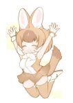 1girl animal_ears bare_shoulders blush boots bow bowtie brown_hair brown_shirt brown_skirt brown_thighhighs closed_eyes dhole_(kemono_friends) dog_ears dog_girl dog_tail gloves highres jumping kemo24v kemono_friends light_brown_hair midair multicolored_hair open_mouth pleated_skirt shirt short_hair sidelocks skirt smile solo tail thighhighs two-tone_shirt white_bow white_bowtie white_footwear white_gloves white_hair white_shirt zettai_ryouiki 