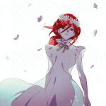  1other arms_at_sides cinnabar_(houseki_no_kuni) cowboy_shot dress falling_flower falling_petals flower flower_wreath hair_between_eyes hair_flower hair_ornament head_wreath houseki_no_kuni long_hair looking_at_viewer nikomi_(nikomix) official_alternate_costume other_focus parted_lips petals ponytail red_eyes red_hair simple_background sparkle white_background white_dress white_flower wind 