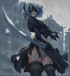  1girl absurdres back_cutout black_blindfold black_dress black_gloves black_hairband black_thighhighs blindfold boots breasts cleavage_cutout clothing_cutout dress feather-trimmed_sleeves feather_trim gloves hairband highres holding holding_sword holding_weapon juliet_sleeves katana leotard long_sleeves medium_breasts mole mole_under_mouth nier:automata nier_(series) puffy_sleeves short_hair sword thighhighs thighhighs_under_boots virtuous_contract weapon white_hair white_leotard yorha_no._2_type_b yukimakingart 