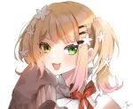  1girl :3 :d blonde_hair blush brown_cardigan cardigan commentary_request fang flower green_eyes hair_flower hair_ornament head_rest highres hololive long_hair long_sleeves looking_at_viewer mashiro_io momosuzu_nene momosuzu_nene_(2nd_costume) signature skin_fang sleeves_past_fingers sleeves_past_wrists smile solo twintails virtual_youtuber white_background 