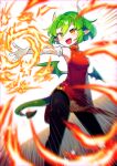  1girl absurdres black_pants china draco_centauros dragon_tail dragon_wings dress elbow_gloves emphasis_lines fire gloves green_eyes green_hair green_wings highres horns offbeat open_mouth outstretched_arm pants pants_under_dress pointy_ears puyopuyo pyrokinesis red_dress short_hair solo tail white_gloves wings yellow_eyes yellow_horns 