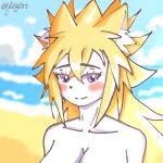  abstract_background anthro beach blonde_hair blush breasts canid canine exposed_breasts female female/female fox fur hair hands_behind_back long_hair looking_at_viewer mammal nude purple_eyes ryuren_amasakura seaside shy simple_background smile solo spiky_hair white_body white_fur yegarr yellow_ears young 