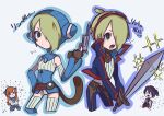  1boy 2girls animal_ears animal_hood blue_eyes breasts breath_of_fire breath_of_fire_v cat_ears cat_hood closed_mouth cosplay gloves green_hair gun highres holding holding_sword holding_weapon hood lin_(breath_of_fire) long_hair multiple_girls nina_(breath_of_fire_v) open_mouth orange_hair revolver ryuu_(breath_of_fire_v) shiirodesu short_hair simple_background smile sword tail thighhighs weapon white_background 
