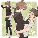  :d ahoge black_jacket blush brown_hair carrying carrying_person cheeseko danganronpa:_trigger_happy_havoc danganronpa_(series) danganronpa_2:_goodbye_despair facing_another green_hoodie green_necktie hand_on_another&#039;s_ass hand_up happy hinata_hajime hood hood_down hoodie hug jacket looking_at_another naegi_makoto necktie open_clothes open_jacket pants red_footwear shoes smile striped striped_background sweatdrop yaoi 
