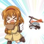  &gt;_&lt; 1girl absurdres backpack bag brown_coat brown_footwear brown_hair brown_mittens car coat cowboy_shot crossover doraemon feet_out_of_frame food hairband highres kanon marihei64ds mittens motor_vehicle paper_bag police_car short_hair solo stick taiyaki tsukimiya_ayu wagashi winged_bag 