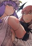  2girls blunt_bangs blush breasts breasts_out closed_mouth crescent crescent_hat_ornament dress fang flanvia hair_between_eyes hat hat_ornament head_wings highres koakuma large_breasts long_hair long_sleeves looking_at_viewer mob_cap multiple_girls nipples patchouli_knowledge purple_eyes purple_hair red_eyes red_hair shirt touhou white_background white_headwear white_shirt 
