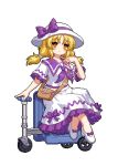  1girl bag blonde_hair bow closed_mouth commentary_request dress hat hat_bow looking_at_viewer louise_(touhou) low_twintails lowres medium_hair pixel_art purple_bow purple_sailor_collar sailor_collar shoulder_bag simple_background sitting smile solo touhou touhou_(pc-98) touhou_mystia&#039;s_izakaya twintails white_background white_dress white_headwear yellow_eyes youzikk 