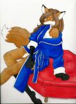  2005 anthro blue_clothing blue_robe breasts brown_body brown_fur brown_hair canid canine chibifox cleavage clothed clothing dipstick_ears dipstick_tail female fox fur green_eyes hair leg_markings looking_at_viewer mammal markings multicolored_ears off_shoulder red_fox robe simple_background socks_(marking) solo tail tail_markings white_background 
