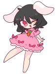 1girl ;d animal_ears bare_legs barefoot black_hair bow carrot_necklace chibi dress floppy_ears full_body highres inaba_tewi jewelry looking_at_viewer necklace one_eye_closed op_na_yarou pink_bow pink_dress pink_eyes rabbit_ears short_hair short_sleeves simple_background smile solo standing standing_on_one_leg touhou v-shaped_eyebrows white_background 