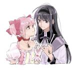  2girls akemi_homura black_hair black_hairband bow bow_choker capelet choker collarbone collared_capelet commentary cropped_torso dress eye_contact frilled_dress frilled_sleeves frills gloves hair_bow hairband hand_up highres kaname_madoka karen_le_cao long_hair looking_at_another magical_girl mahou_shoujo_madoka_magica mahou_shoujo_madoka_magica_(anime) multiple_girls neck_ribbon pink_bow pink_dress pink_gloves pink_hair pinky_out pinky_swear puffy_short_sleeves puffy_sleeves purple_capelet purple_eyes red_bow red_choker red_eyes ribbon short_hair short_sleeves short_twintails simple_background sketch smile twintails upper_body white_background 