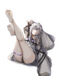  1girl ahoge bandage_over_one_eye bare_legs barefoot detached_sleeves dress grey_dress grey_eyes grey_hair grey_sleeves hair_between_eyes hair_ornament hairclip highres long_hair no.21:_xxi_(punishing:_gray_raven) no.21_(punishing:_gray_raven) punishing:_gray_raven signature sleeves_past_fingers sleeves_past_wrists solo suspenders t._r. thigh_strap thighs white_background 