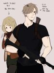  1boy 1girl ashley_graham black_gloves black_shirt blonde_hair blue_eyes brown_hair curtained_hair english_commentary english_text fingerless_gloves gloves gun highres holding holding_gun holding_weapon holster knife_holster leon_s._kennedy monmeon muscular muscular_male resident_evil resident_evil_4 resident_evil_4_(remake) shirt short_hair shoulder_holster sweatdrop t-shirt weapon 