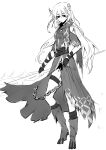  1girl absurdres alternate_costume arknights arm_wrap bags_under_eyes bare_shoulders boots braid chain cuishui eyjafjalla_(arknights) frown full_body fur_boots hand_wraps highres holding holding_staff horns long_hair monochrome oripathy_lesion_(arknights) side_braid sketch solo staff standing very_long_hair 