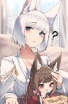  2girls ? absurdres amagi-chan_(azur_lane) animal_ears azur_lane blue_eyes blunt_bangs breasts cleavage collarbone couch curtains day dot_nose eating food fox_ears fox_girl hair_ribbon half_updo hand_on_another&#039;s_head heart highres holding holding_food indoors japanese_clothes kaga_(azur_lane) kimono large_breasts long_bangs long_sleeves looking_at_viewer multiple_girls open_clothes open_kimono parted_lips print_kimono raised_eyebrows red_eyeliner red_kimono ribbon samip short_hair sitting upper_body white_hair white_kimono wide_sleeves window yukata 