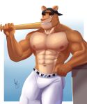  alkio anthro backwards_baseball_cap backwards_hat baseball_bat baseball_cap baseball_uniform bat_(object) big_muscles blue_background blue_eyes bulge clothed clothing cougar felid feline grin hat headgear headwear hi_res holding_baseball_bat male mammal mexican_pacific_league muscular muscular_anthro muscular_male nipples sharp_teeth simple_background smile smiling_at_viewer solo sportswear tan_body teeth topless topless_anthro topless_male uniform wall_(structure) white_background yaco_puma yaquis_de_obregon 