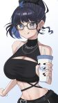  1girl :q absurdres ahoge bare_shoulders bead_bracelet beads belt black-framed_eyewear black_belt black_hair black_pants black_shirt blue_eyes blue_hair bracelet breasts chain_necklace character_name cleavage cleavage_cutout clothing_cutout colored_inner_hair crop_top cup disposable_cup earrings glasses high_ponytail highres holding holding_cup jewelry kson large_breasts midriff multicolored_hair narrow_waist navel necklace nyu-tan94 official_alternate_costume pants shirt short_hair simple_background solo stomach streaked_hair stud_earrings tongue tongue_out turtleneck virtual_youtuber vshojo white_background 