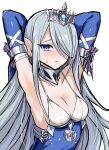  1girl armpits blue_dress blue_eyes blush breasts collar detached_sleeves dress duel_monster fins grey_hair head_fins highres lock long_hair medium_breasts metal_collar nervous siren_(mythology) solo sweatdrop synchroman tearlaments_havnis tiara upper_body white_background yu-gi-oh! 