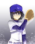  1girl bangs baseball_cap baseball_jersey baseball_mitt baseball_uniform belt black_eyes black_hair blue_belt blue_headwear blue_undershirt bob_cut closed_mouth commentary expressionless floating_hair gradient_background grey_background hair_between_eyes hat kawahama_touko light_particles long_sleeves looking_at_viewer original pants pixiv_girls&#039;_pro_baseball pokaan_(aserazu_netamazu) serious shaded_face shirt short_hair short_sleeves solo sportswear undershirt upper_body white_pants white_shirt 