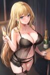  1girl absurdres babydoll bare_arms bare_shoulders black_babydoll black_panties blonde_hair blue_eyes breast_tattoo breasts brown_thighhighs champagne_bottle champagne_flute cleavage closed_mouth commission cowboy_shot cup drinking_glass garter_belt hand_up highres holding holding_cup indoors lace_trim large_breasts lillly lingerie long_hair looking_at_viewer navel original panties second-party_source see-through smile solo spaghetti_strap standing stomach string_panties tattoo thighhighs thighs underwear underwear_only very_long_hair 