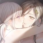  2girls absurdres blush breasts brown_hair close-up completely_nude couple cropped_shoulders eyelashes eyes_visible_through_hair grey_hair hair_between_eyes hair_ornament hair_over_one_eye highres hug kiss long_hair looking_at_another multiple_girls nijisanji nude open_mouth orange_eyes parted_lips portrait profile purple_eyes shirayuki_tomoe simple_background sukoya_kana sweat twintails virtual_youtuber yuri zerc2223 