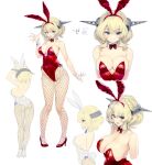  1girl absurdres animal_ears ass bare_legs blonde_hair blue_eyes bow bowtie breasts cleavage colorado_(kancolle) commentary_request commission cowboy_shot detached_collar headgear highres kantai_collection kiyama_satoshi large_breasts leotard looking_at_viewer multiple_views playboy_bunny rabbit_ears rabbit_tail red_bow red_bowtie red_leotard short_hair side-tie_leotard simple_background skeb_commission smile standing strapless strapless_leotard tail upper_body white_background white_footwear white_leotard wrist_cuffs 