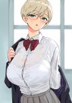  1girl :o absurdres blonde_hair bow bowtie bra bra_visible_through_clothes breasts button_gap cleavage glasses green_eyes grey_skirt highres large_breasts looking_at_viewer nekoi_mie original rimless_eyewear round_eyewear shirt shirt_tucked_in short_hair skirt solo striped striped_bow striped_bowtie underwear undressing white_bra white_shirt 