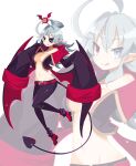  1girl absurdres ahoge black_pants breasts demon_tail demon_wings disgaea eyepatch geega_(underworld_casual)_(vtuber) geega_(vtuber) grey_eyes grey_hair heterochromia highres jacket kasumi_koujou long_hair medium_breasts open_clothes open_jacket pants pointy_ears popped_collar projected_inset red_eyes sleeves_past_wrists tail tongue tongue_out virtual_youtuber vshojo wings 