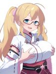  1girl blonde_hair blue_eyes blush breasts commission detached_sleeves fang glasses hair_between_eyes hair_ribbon hands_on_own_breasts japanese_clothes large_breasts long_hair looking_at_viewer miko open_mouth original pink_ribbon red-framed_eyewear ribbon semi-rimless_eyewear shigatsu_shizuki sidelocks simple_background skeb_commission skin_fang solo upper_body white_background wide_sleeves 