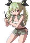  1girl absurdres anchovy_(girls_und_panzer) belt black_belt black_panties black_ribbon breasts cosplay country_connection cowboy_shot crop_top dated drill_hair drops_mint fio_germi fio_germi_(cosplay) girls_und_panzer green_hair green_jacket green_shorts gun hair_ribbon highres holding holding_gun holding_weapon jacket leaning_forward long_hair looking_at_viewer medium_breasts midriff navel open_clothes open_jacket open_mouth panties panty_peek red_eyes ribbon shirt short_shorts shorts side_cutout simple_background sleeveless sleeveless_jacket smile solo standing twin_drills twintails twitter_username underwear weapon white_background white_shirt wristband 