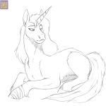  bandage black_and_white equid equine female feral fetlocks foxenawolf fur hair hooves horn mammal monochrome sketch solo unicorn unicorn_horn 