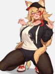  1girl ;d animal_ear_fluff animal_ears baseball_cap black_choker black_pantyhose black_shorts blonde_hair breasts choker claw_pose ears_through_headwear glasses hair_ornament hairclip hat highres hololive large_breasts long_hair long_sleeves looking_at_viewer multicolored_hair one_eye_closed ookami_mio ookami_mio_(3rd_costume) pantyhose puffy_long_sleeves puffy_sleeves red_hair red_nails shoes short_shorts shorts simple_background smile solo squatting streaked_hair tail two-tone_hoodie varniskarnis very_long_hair virtual_youtuber white_background white_footwear wolf_ears wolf_tail 