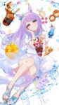  1girl animal_ears aqua_bow aqua_nails barefoot blush bow closed_mouth collared_dress doughnut dress drink drinking_straw ear_bow fingernails food highres horse_ears horse_girl horse_tail ice light_purple_hair long_hair mejiro_mcqueen_(umamusume) nail_polish parfait puffy_short_sleeves puffy_sleeves purple_eyes sandals shirt short_sleeves smile solo tail umamusume white_shirt yakousei_a 