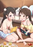  2girls absurdres barefoot belt black_hair blue_skirt blush brown_eyes brown_hair child crossed_legs cup denim denim_shorts drinking_glass drinking_straw eye_contact face-to-face fang feet female_child food hair_ornament hairclip highres indoors legs long_hair long_sleeves looking_at_another multiple_girls nintendo_switch okura-chan_(at_nya5) open_mouth original pink_eyes plaid plaid_skirt playing_games ponytail shirt short_shorts short_sleeves shorts side_ponytail sitting skirt smile stuffed_toy thighs toes tray white_shirt yellow_shirt 