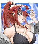  1girl :p adjusting_eyewear bare_shoulders bikini black_bikini black_hair blue_sky breasts cloud commentary_request day grey_eyes grey_jacket hair_over_one_eye hand_up highres isuka_(isuka_83) jacket lain_paterson large_breasts long_hair long_sleeves looking_at_viewer multicolored_hair nijisanji off_shoulder ponytail red_hair sky smile solo streaked_hair sunglasses swimsuit tongue tongue_out upper_body 