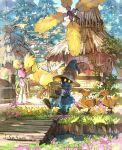  1boy 1girl blonde_hair bucket chocobo closed_mouth final_fantasy final_fantasy_ix flower full_body gloves hat house mikoto_(ff9) sasumata_jirou short_hair skirt standing tail tree vivi_ornitier walking 