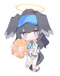  1girl animal_ears bangle bare_shoulders black_hair blue_archive blue_eyes blush bracelet breasts cheerleader chibi clothes_pull dog_ears dog_girl dog_tail eyewear_on_head full_body goggles goggles_on_head halo hibiki_(blue_archive) hibiki_(cheer_squad)_(blue_archive) holding holding_pom_poms jewelry long_hair looking_at_viewer mikozin millennium_cheerleader_outfit_(blue_archive) navel official_alternate_costume pom_pom_(cheerleading) simple_background skirt skirt_pull sleeveless solo sticker_on_face tail text_print white_background white_skirt yellow_halo 