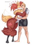  2023 anthro barefoot big_breasts blonde_hair blush bottomwear breast_grab breast_squeeze breasts canid canine claws clothing delphox feet female fox full-length_portrait fur generation_6_pokemon hair hand_on_breast hi_res human human_on_anthro inner_ear_fluff interspecies kissing lemonbizate_(artist) male male/female mammal nintendo orange_body orange_fur pokemon pokemon_(species) portrait red_body red_fur shirt shorts standing t-shirt tenting topwear tuft white_body white_fur wide_hips yellow_body yellow_fur 