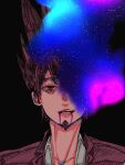  1boy black_background black_hair blood blood_from_mouth collarbone danganronpa_(series) danganronpa_v3:_killing_harmony facial_hair goatee grey_shirt jacket male_focus momota_kaito pink_blood pink_jacket portrait sake_daikon shirt simple_background solo space spiked_hair teeth 