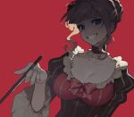  1girl beatrice_(umineko) black_choker black_dress blue_eyes blunt_bangs bow bowtie breasts bright_pupils brown_hair chinese_commentary choker cleavage collarbone commentary_request crazy_eyes crazy_grin dress flower frilled_choker frills grin hair_bun hair_flower hair_ornament hand_up highres holding holding_smoking_pipe juliet_sleeves lilith-lily long_sleeves looking_at_viewer puffy_sleeves red_background red_bow red_bowtie short_hair simple_background single_hair_bun smile smoking_pipe solo striped striped_dress umineko_no_naku_koro_ni upper_body vertical-striped_dress vertical_stripes white_pupils 