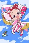  1girl :d arm_up artist_name blue_sky broom broom_riding clenched_hand cloud commentary_request constricted_pupils double_bun dress earrings flying full_body gloves hair_bun harukaze_doremi hat highres jewelry koike_satoshi looking_at_viewer magical_girl majorika ojamajo_doremi open_mouth outdoors pink_dress pink_eyes pink_footwear pink_gloves pink_headwear pointy_footwear red_hair scared short_hair sky smile solo wide-eyed witch_hat 