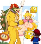  1girl 2boys ?_block artist_name bar_censor blonde_hair blurry blurry_foreground blush bowser bracelet breasts censored crown elbow_gloves erection feet_out_of_frame fire_flower foot_out_of_frame gloves grin hat hetero highres jewelry large_areolae large_breasts legs long_hair mario mario_(series) multiple_boys navel netorare nipples one_eye_closed open_mouth patreon_username penis princess_peach red_hair red_headwear rezodwel sharp_teeth smile spiked_anklet spiked_bracelet spikes split standing standing_on_one_leg standing_split super_star_(mario) teeth thighhighs turtle_shell v white_gloves white_thighhighs 