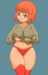  1girl absurdres bob_cut breasts bright_pupils cjhomics closed_mouth clothes_lift english_commentary green_sweater grey_eyes highres large_breasts mcdonald&#039;s medium_hair mother_(yoru_mac) navel orange_hair panties red_panties red_thighhighs smile solo sweater sweater_lift thighhighs underwear white_pupils yoru_mac 